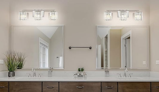 JONATHAN Y 4.75" Chrome 3-Light Vintage Glam LED Vanity Light Wall Sconce Fixture with Clear Crystal Prism Shade, Hardwired Wall Lamp for Bathroom Mirror Hallway, LED Bulb Included (JYL3554A)
