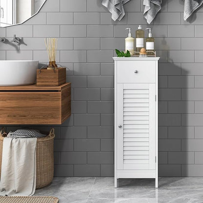 GIANTEX Bathroom Floor Storage Cabinet with Door and Drawer, White | Freestanding Side Cabinet with 3-Height Adjustable Shelf, Slim Cupboard, Storage Organizer Cabinet for Bedroom Living Room