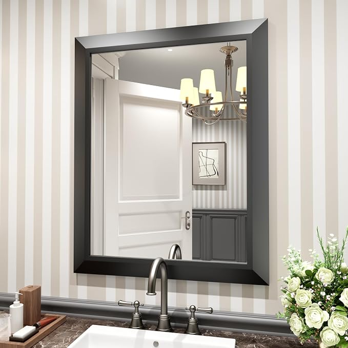 Black Bathroom Mirror, 24x30 Inch | Thick Metal Framed, HD Reflection, Anti-Rust, Hang Horizontally/Vertically, Suitable for Vanity, Bedroom, Bathroom, Entryway