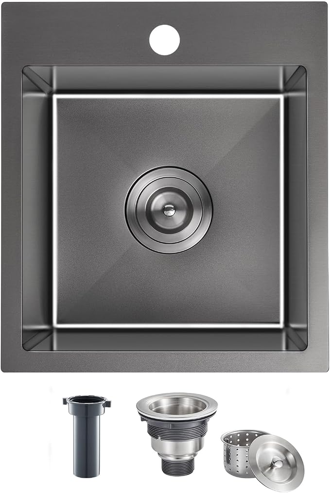 Black Topmount Kitchen Sink - 13”×15” Single Bowl Sink