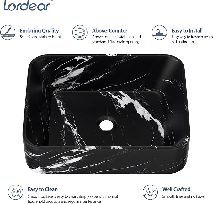 Lordear 19"x15" Rectangular Vessel Sink – Modern Above Counter Bathroom Sink Marble Porcelain Ceramic Vanity Art Basin