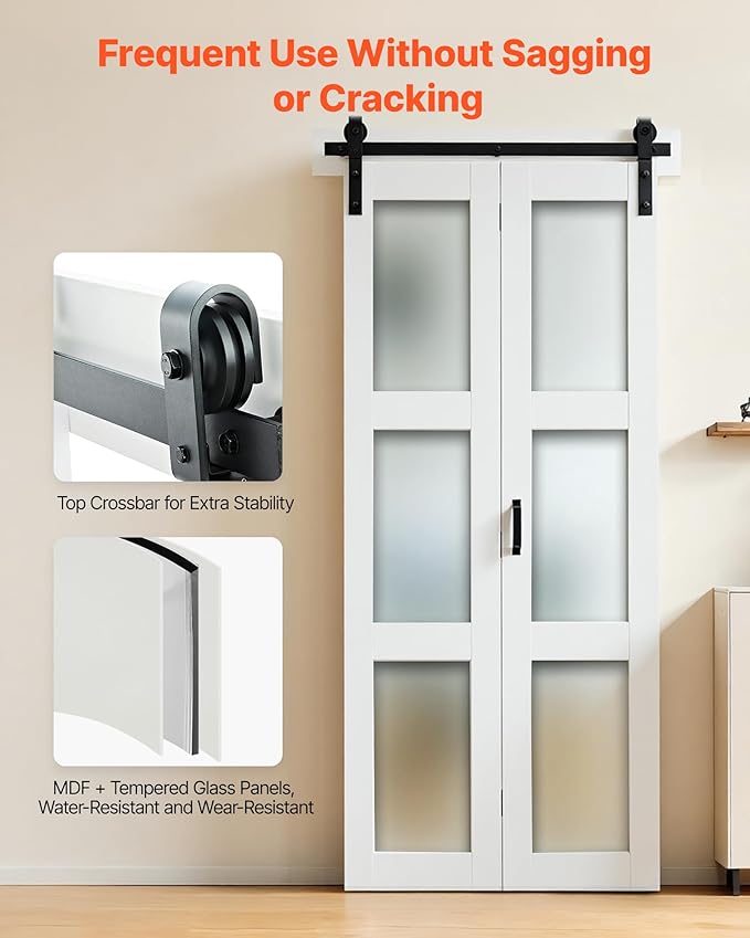VEVOR Bifold Barn Door, 36" x 84", Frosted Glass Barn Door with Header Board and Hardware Kit Included, Space-Saving Design, Pre-Assembled Panels, Waterproof & Quiet, White