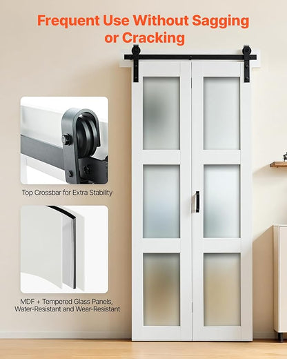 VEVOR Bifold Barn Door, 36" x 84", Frosted Glass Barn Door with Header Board and Hardware Kit Included, Space-Saving Design, Pre-Assembled Panels, Waterproof & Quiet, White