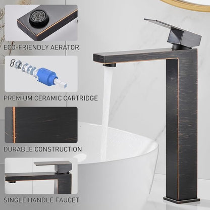 Vessel Sink Faucet, Oil Rubbed Bronze 1 Hole Single Handle Tall Bathroom Vanity Faucets, Modern Utility Rv Laundry Bath Restroom Mixer Tap with Metal Pop Up Drain and 2 Water Supply Lines