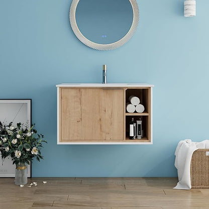 30 Inch Bathroom Vanity with Sink, 30" Floating Vanity, Plywood Wooden Bathroom Cabinet with Soft Close Door and Ceramic Sink, Open Shelf for Quick Access, Modern Wall Mounted Cabinet Set