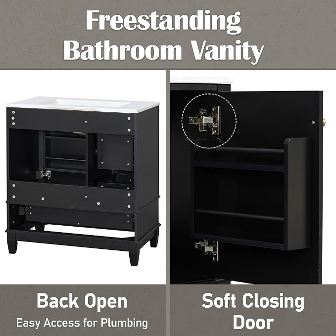 30" Vanity with Sink, Bathroom Vanities 30 Inch with Sink, Single Sink Bathroom Vanity with Shelf and Three Drawers, Soft Close Door, Restroom Vanity with Sink Top (Black)