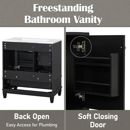 30" Vanity with Sink, Bathroom Vanities 30 Inch with Sink, Single Sink Bathroom Vanity with Shelf and Three Drawers, Soft Close Door, Restroom Vanity with Sink Top (Black)