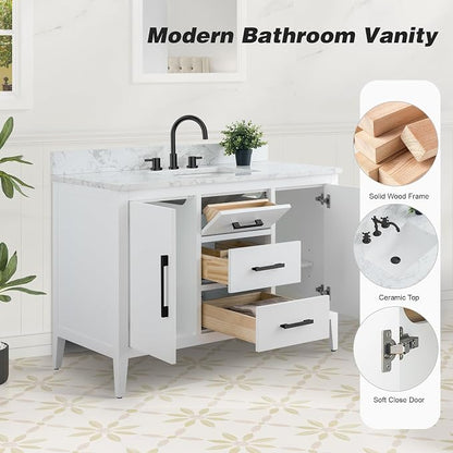 48 Inch Bathroom Vanity with Sink & Ceramic Top, Single Vanity Cabinet with Basin, Soft-Closing Doors & Matte Black Hardware, White