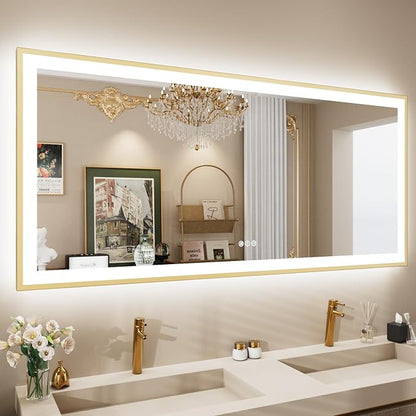 60x28 Inch LED Bthroom Mirror with Gold Frame | Gold Metal Frame, Front and Backlit, 3 Colors, Dimmable, Memory, Anti Fog, Tempered Glass, Lighted Mirror for Wall