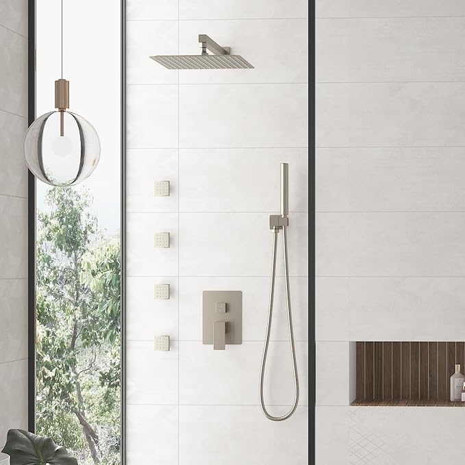 Hoimpro 12 Inch Rainfall Shower Faucet with 4 Full Body Shower Jet Fixtures Combo, Wall Mounted Shower System Set with Rain Mixer Shower Head and 2 in 1 Spray Handheld Showerhead, Brushed Nickel