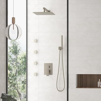 Hoimpro 12 Inch Rainfall Shower Faucet with 4 Full Body Shower Jet Fixtures Combo, Wall Mounted Shower System Set with Rain Mixer Shower Head and 2 in 1 Spray Handheld Showerhead, Brushed Nickel