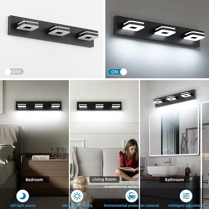 Modern LED Bathroom Vanity Light Dimmable Matte Black 3-Light Fixture 18W 24" Wall Light Day Light 5500K 110V AC