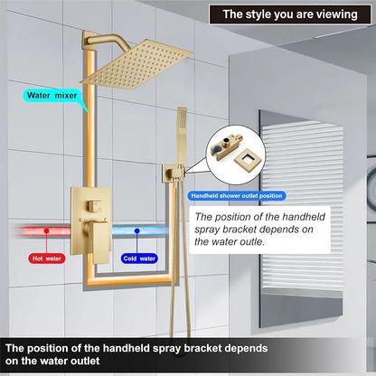 Midanya Shower Faucet Set with Handheld Sprayer,8 Inch,Brushed Gold | Rough-in Shower Valve and Trim Kit Included,Square Rain Head,Wall Mount Shower System,All Metal,Bathroom