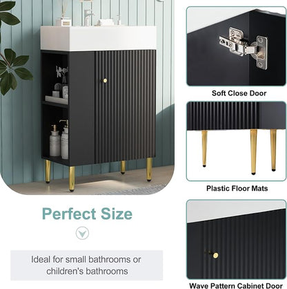 Merax 21.6 Inch Bathroom Vanity with Top Sink, Modern Small Bathroom Storage Cabinet with Left Side Storage, Solid Wood Frame Single Sink Bath Vanities, Black