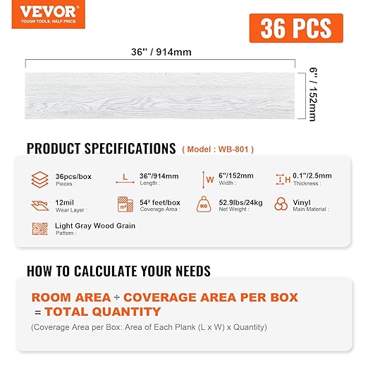 VEVOR Self Adhesive Vinyl Floor Tiles 36 x 6 inch, 36 Tiles 2.5mm Thick Peel and Stick Floor Tile Light Gray Wood Grain DIY Flooring for Kitchen, Dining Room, Bedrooms & Bathrooms(54 Sq.Ft)