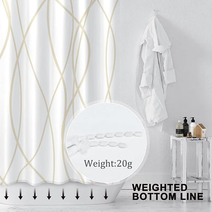 Striped Shower Curtain for Bathroom, Beige Khaki, 72" W x 72" L | with Hooks, Modern Hotel Style, Water Repellent, Washable, Weighted Hem