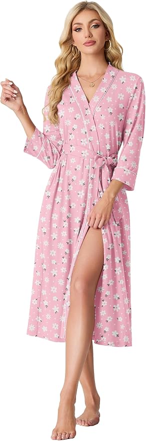 PrinStory Robes for Women 3/4 Sleeve Long Bath Robe XS-4XL | V-Neck Knit Bathrobe with Pockets, Lightweight, Soft, Breathable Robes for Shower, Spa, Travel, Home, Party, Nursing