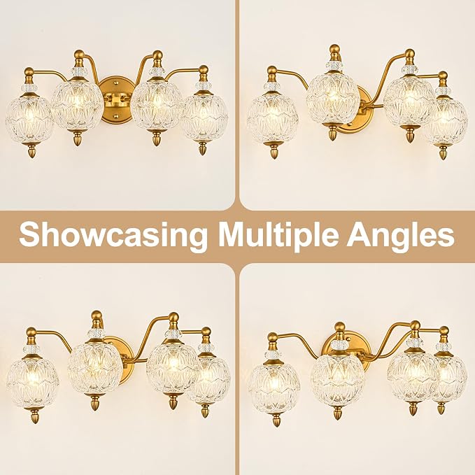 Vintage Bathroom Vanity Light, 4-Light Mid Century Matte Brass Finish Wall Sconce with Globe Glass Shades, Retro Mirror Light for Bathroom, Powder Room