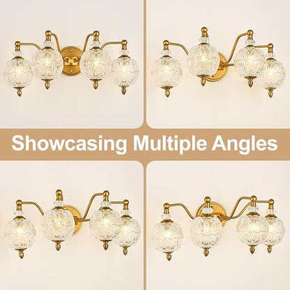 Vintage Bathroom Vanity Light, 4-Light Mid Century Matte Brass Finish Wall Sconce with Globe Glass Shades, Retro Mirror Light for Bathroom, Powder Room