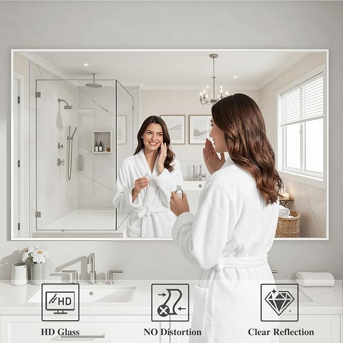 Koonmi White Rectangle Wall Mirror, 36x60 Inch Bathroom Mirror, Aluminum Frame Vanity Mirror for Entryway, Living Room, Bedroom Bathroom, Hangs Horizontally or Vertically