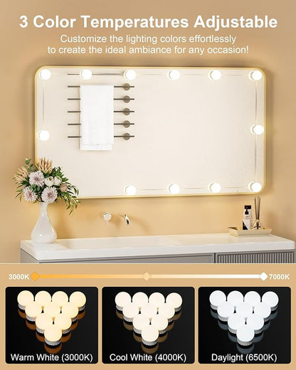 12 Bulbs LED Vanity Lights for Mirror, 3000K 4000K 6500K & 10-Brightness, Wire Length Adjustable, USB Cable, Hollywood Mirror Lights for Makeup Dressing Room Bathroom, White