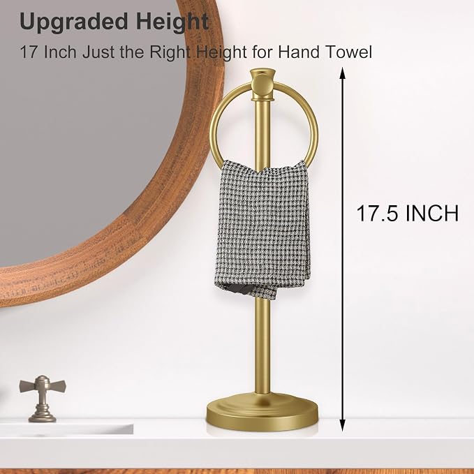 Hoimpro Hand Towel Holder Free Standing Towel Bar Brushed Gold | Hanging Floor Hand Towel Rack Ring, for Bathroom Kitchen Vanity Countertops, Hardware Accessories SUS 304 Heavy-Duty Base