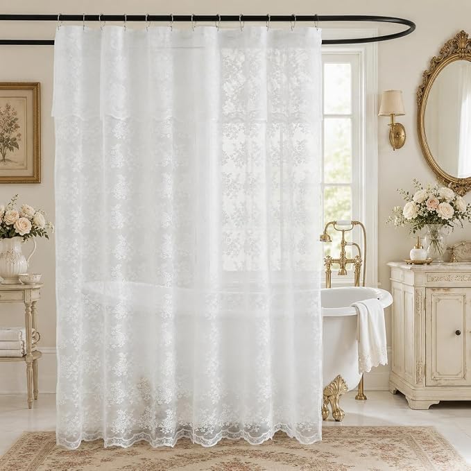 TUDECO White Lace Shower Curtain with Attached Valance 72 x 72 Inch | Elegant Floral, Vintage Bathroom Curtain, Scalloped Bottom, Brightens Space, Gentle Privacy, Machine Washable