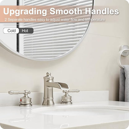 Waterfall Bathroom Faucet Matte Brushed Nickel, Brass 3 Hole Faucet Bathroom Sink Faucet Widespread 4-16 Inch Faucet for Bathroom Sink, 2 Handle Bathroom Faucets with Pop-up Drain & Water Hoses