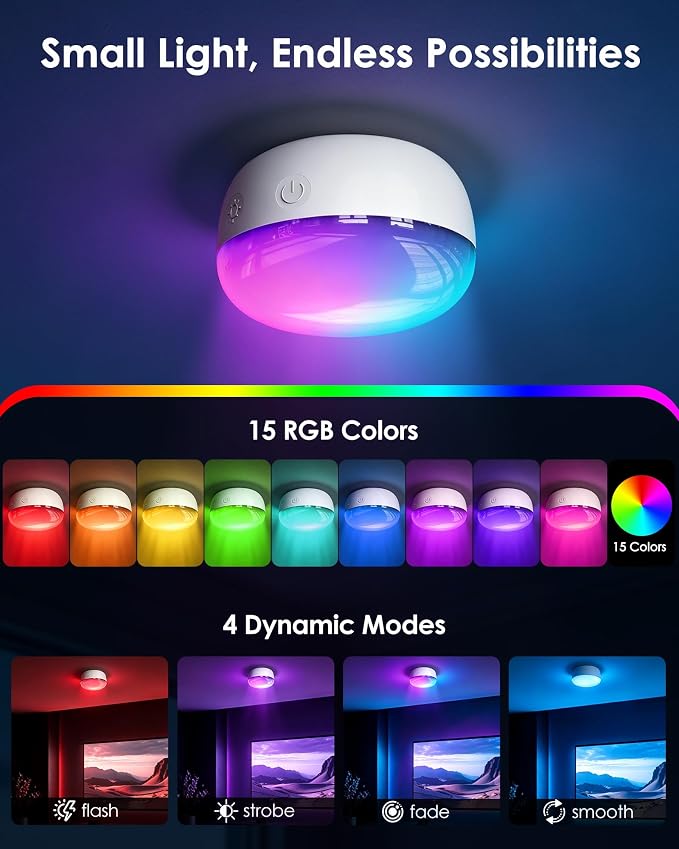 Rechargeable Shower Light, 4″ Round, 300LM Bright, 4000mAh Waterproof Shower Lamp with Remote, 15 RGB Colors & 3 CCT White, Dimmable Cordless LED Bathroom Light, Magnetic Mount Mood Lighting