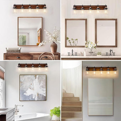5-Light Farmhouse Bathroom Light Fixtures Vintage Bathroom Vanity Lights Over Mirror Black and Wood Painted Metal Vanity Light for Bathroom with Glass Shades E26 Socket