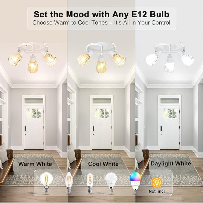HiBay 3-Light Track Lighting White, Directional Modern Ceiling Fixture | with Glass Shades, Flush Mount Ceiling Spotlight Indoor for Kitchen, Bedroom, Living Room, E12 Base, No Bulbs