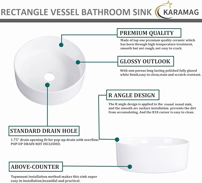 Bathroom Sink 12 Inch Round Vessel Sink Above Counter Porcelain Ceramic Small Sink Bowl Ceramic Vessel Sinks for Bathrooms Ideal for Small Space (12.2"x12.2"x4.3")