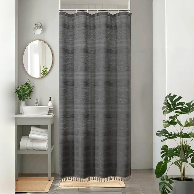 Boho Stall Shower Curtain, Narrow Soft Fabric Striped Textured Bathroom Shower Curtain with Tassel, Modern Farmhouse Machine Washable Bath Decor, 36Wx72L Inches, Charcoal Grey