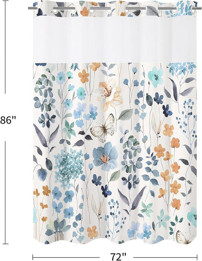 Litabel No Hook Blue Watercolor Floral Shower Curtain and Liner Set, 72x86 | Spring Flower Shower Curtains with Snap-in Liner for Farmhouse Bathroom Decor, Botanical Bathroom Curtain with Leaves