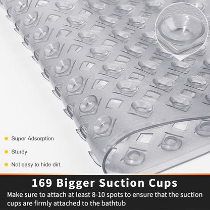 Yimobra Square Shower Mat Non Slip, Super Strong Suction Cups, 21"X21" Bath Tub Mat with Drain Holes, Machine Washable Fast Draining Bath Mats, Bathroom Essentials,Clear Gray