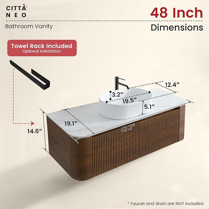 48" Floating Bathroom Vanity with White Sink, Rounded Edge, Walnut | Pre-Assembled Fluted Wall Mounted Vanity with Ceramic Vessel Sink, Rounded Edges, Soft-Close Drawer & Towel Rack