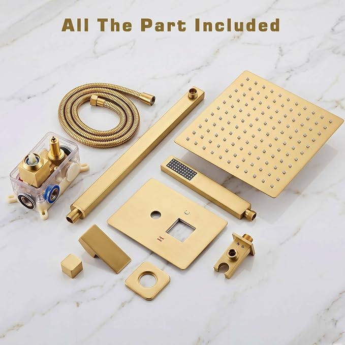10 Inch Shower Faucet Set,Brushed Gold Shower System With Handheld | Square Shower Head with Shower Trim Kit And Handheld Shower Valve,Multi-function Rainfall,Rain Shower & Handheld Spray Combo