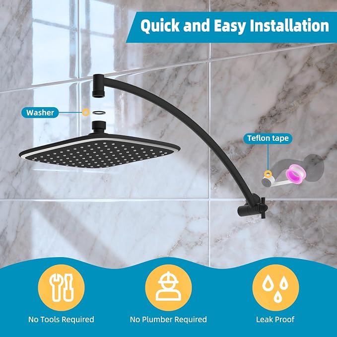 10" Rain Shower Head with 16" Metal Extension Arm, High-Pressure Showerhead | Black, Boosting Rainfall/Fixed Showerhead, Stainless Steel Shower Extender Adjustable Height/Angle, Easy 1-Min Installation