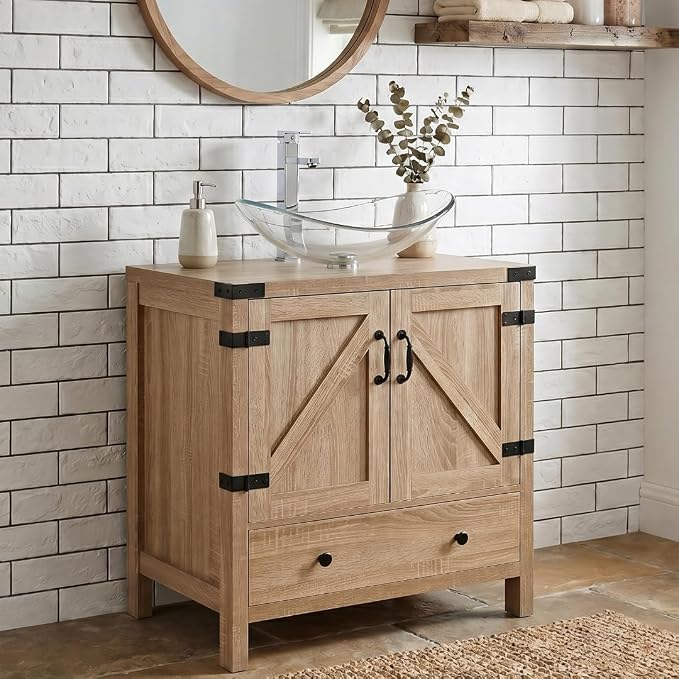 28 inch Natural Color Bathroom Vanity, Rustic Fixture Standing Pedestal Cabinet with Clear Boat Vessel Sink