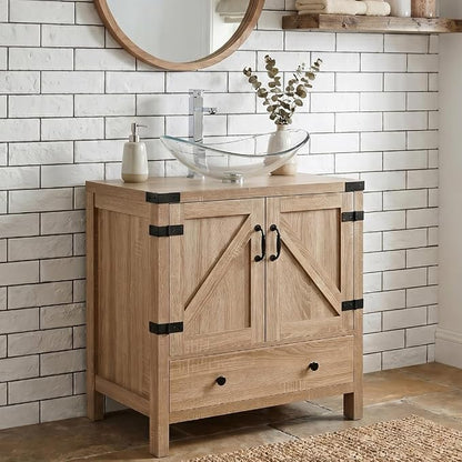28 inch Natural Color Bathroom Vanity, Rustic Fixture Standing Pedestal Cabinet with Clear Boat Vessel Sink