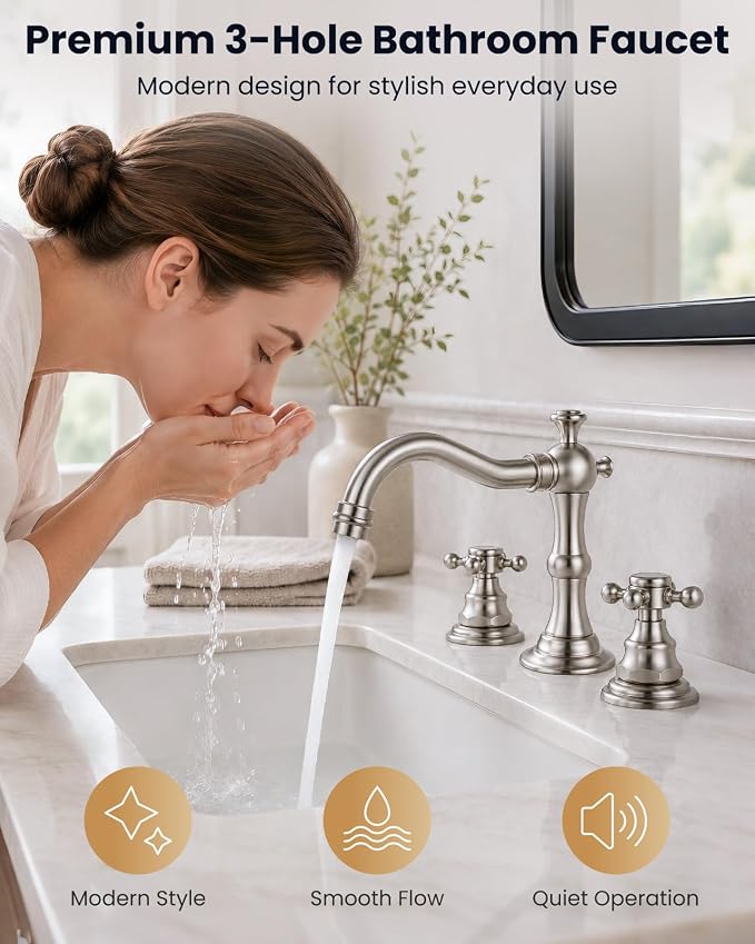 gotonovo 3 Hole 8’’ Widespread Bathroom Sink Faucet Brushed Nickel | Vintage Bathroom Faucet,2 Cross Handle,6-16’’ Sink,Vanity,Basin,RV,Farmhouse,SUS304,24’’ cUPC Hose Pop Up Drain,Deck Mount