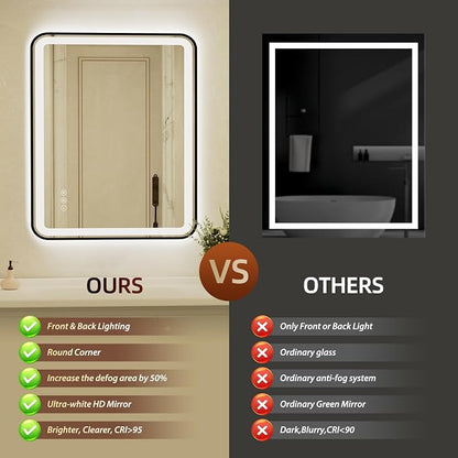 28x40 Inch Black Framed LED Bathroom Mirror with Lights, Built-in Bluetooth Speaker,Tempered Glass,Dimmable Lighted Bathroom Vanity Mirror with 3 Colors, Backlit + Frontlit, Memory, Anti-Fog