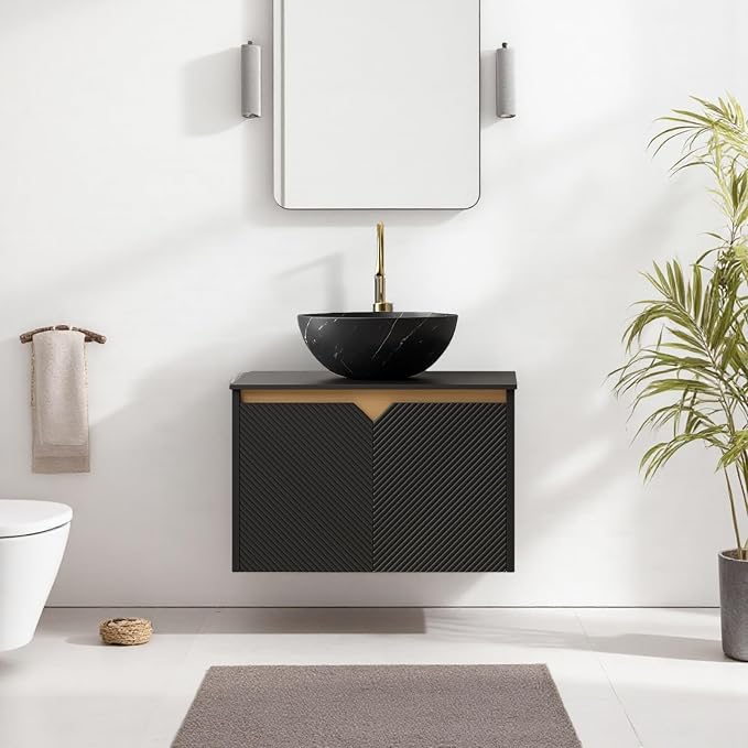 24" Bathroom Vanity with Sink, Wall-Mounted Bathroom Vanity with Black Bowl Ceramic Vessel Basin, Modern Plywood Floating Vanity with Twill Double Doors, Bathroom Storage Cabinet, Black