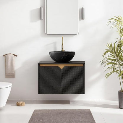 24" Bathroom Vanity with Sink, Wall-Mounted Bathroom Vanity with Black Bowl Ceramic Vessel Basin, Modern Plywood Floating Vanity with Twill Double Doors, Bathroom Storage Cabinet, Black