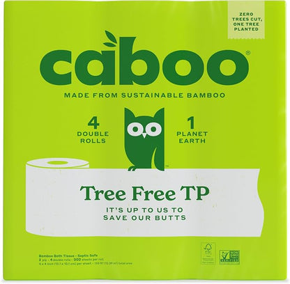 Caboo Tree Free Toilet Paper, Septic Safe Bath Tissue, Quick Dissolving 2 Ply Sheets - 300 Sheets Per Roll, 4 Double Rolls