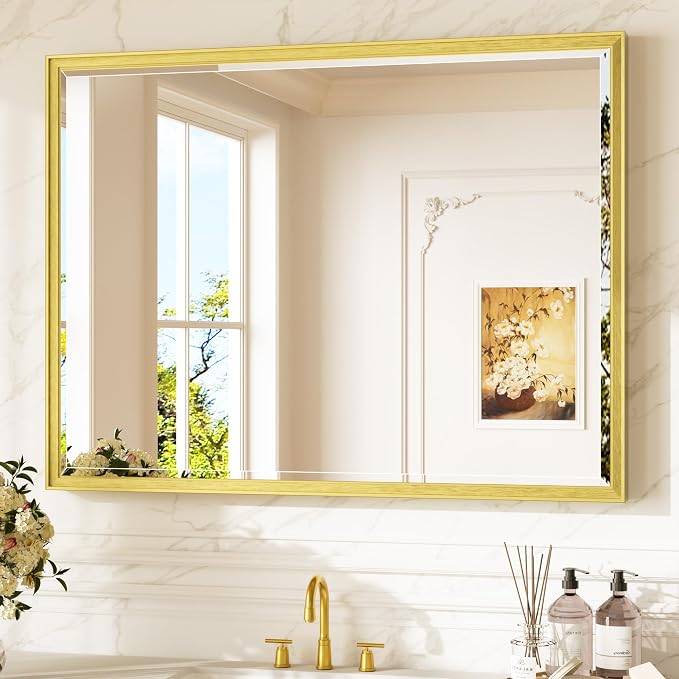 Keonjinn 40" x 30" Gold Bathroom Mirror for Over Sink, Aluminum Alloy Frame | Safe Tempered Glass, Effortless French Cleat Installation, Shatterproof, Transitional Rectangular Gold Bathroom Vanity Mirror