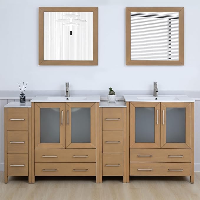 Vanity Art 84 Inch Under Mount Double Sink Bathroom Vanity Cabinet with 2 Mirrors, Ceramic Top Bathroom Cabinet Compact Set with 10 Dovetail Storage Drawers and Brushed Nickel Handles, VA3030-84-NO