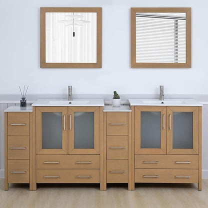Vanity Art 84 Inch Under Mount Double Sink Bathroom Vanity Cabinet with 2 Mirrors, Ceramic Top Bathroom Cabinet Compact Set with 10 Dovetail Storage Drawers and Brushed Nickel Handles, VA3030-84-NO