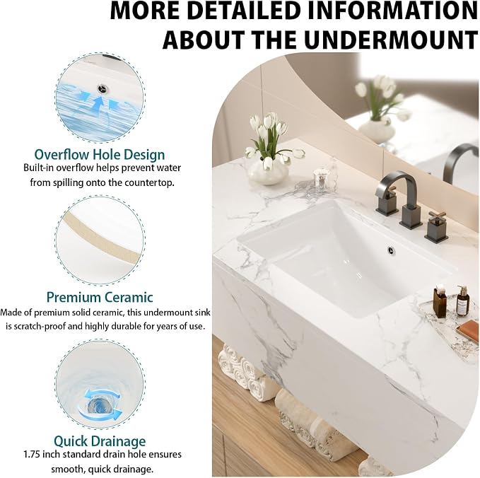 White Ceramic 22"x15" Undermount Bathroom Lavatory Sink | Rectangle under counter white bathroom vessel vanity sink for bathroom