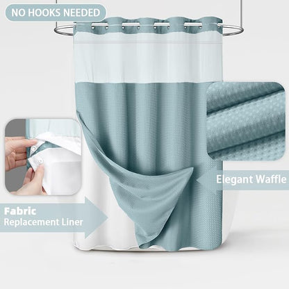 No Hook Shower Curtain and Liner Set,Cyan Hotel Waffle Shower Curtain with Liner 75" L x 72" W